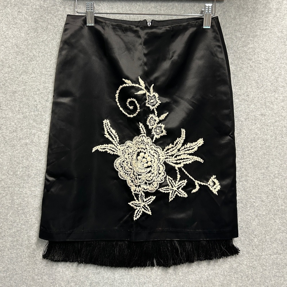 Mica Black Satin Pencil Skirt Floral Embroidered Fringe Hem Office Womens Size 2